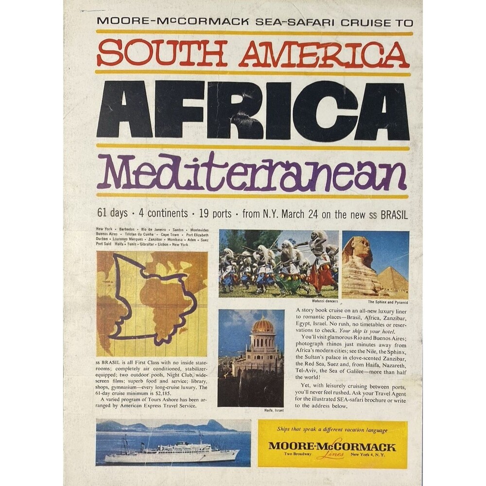 Moore-McCormack Lines "Sea-Safari Cruise to South America/Africa" Print Ad 1960